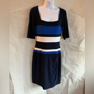 Ralph Lauren Navy, Royal Blue & White Striped Square-Neck Midi Dress